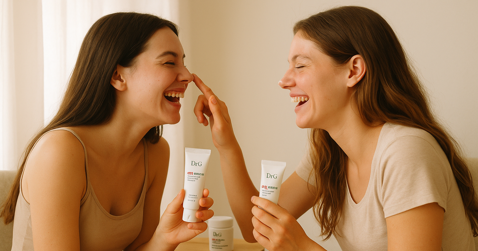 they are looking to nothing make like there are 2 girls one and they both are using the creams dr.g red bullish to each other, they are sitting in front of each other and doing that with fun